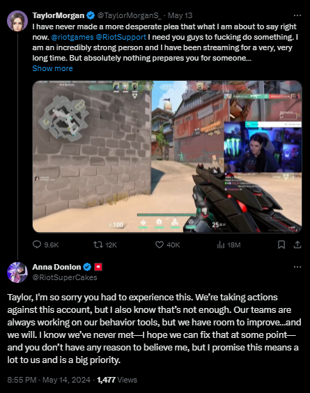 VALORANT Dev Lead, Anna Donlon has posted an update on the harassment video that Taylor Morgan posted 'We’re taking actions against this account, but I also know that’s not enough. Our teams are always working on our behavior tools, but we have room to improve…and we will.'