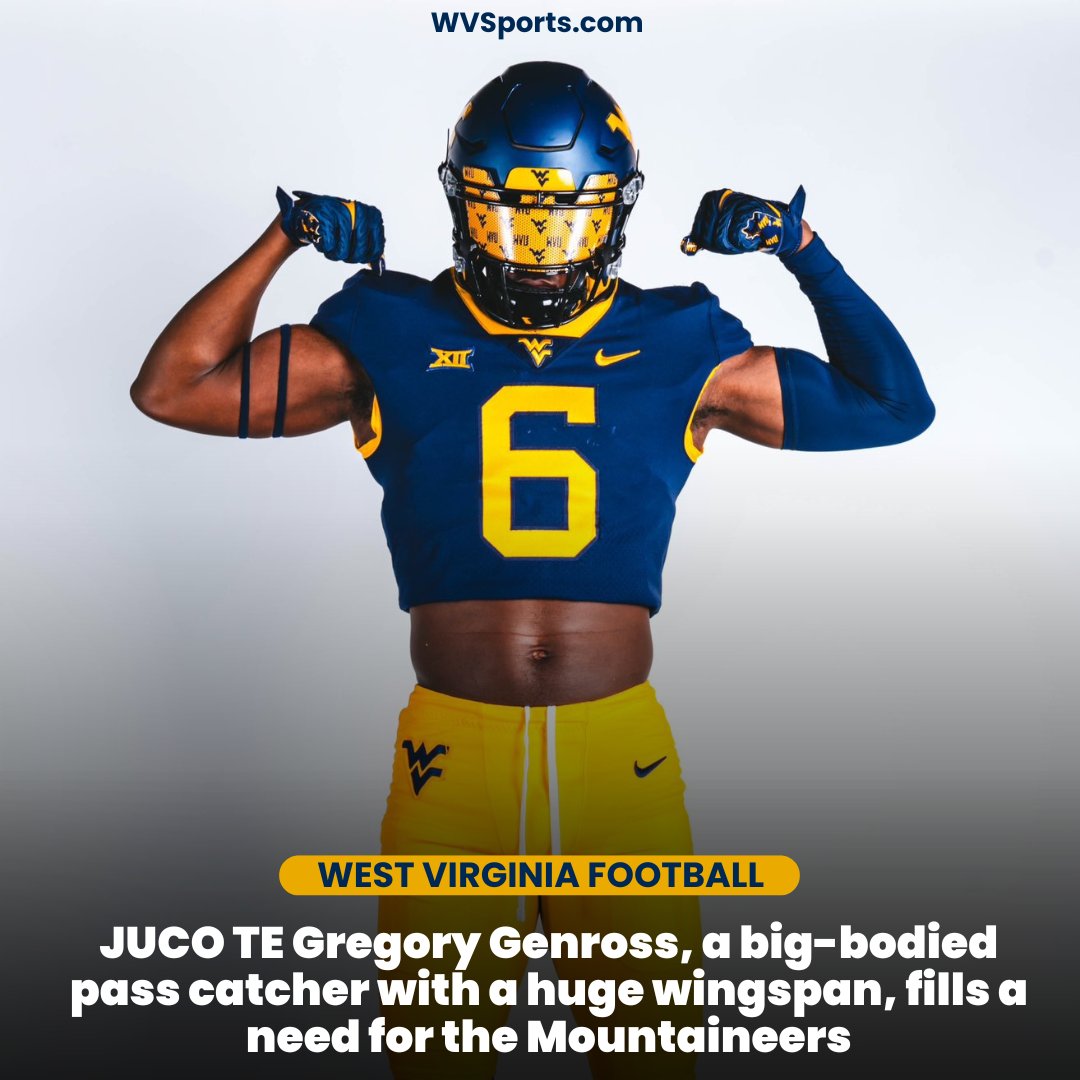 Link: gowvu.us/cqr 

#WVU added JUCO TE Genross, a 6'7' pass-catching threat, addressing a key offensive need and bringing versatility to the position. #HailWV