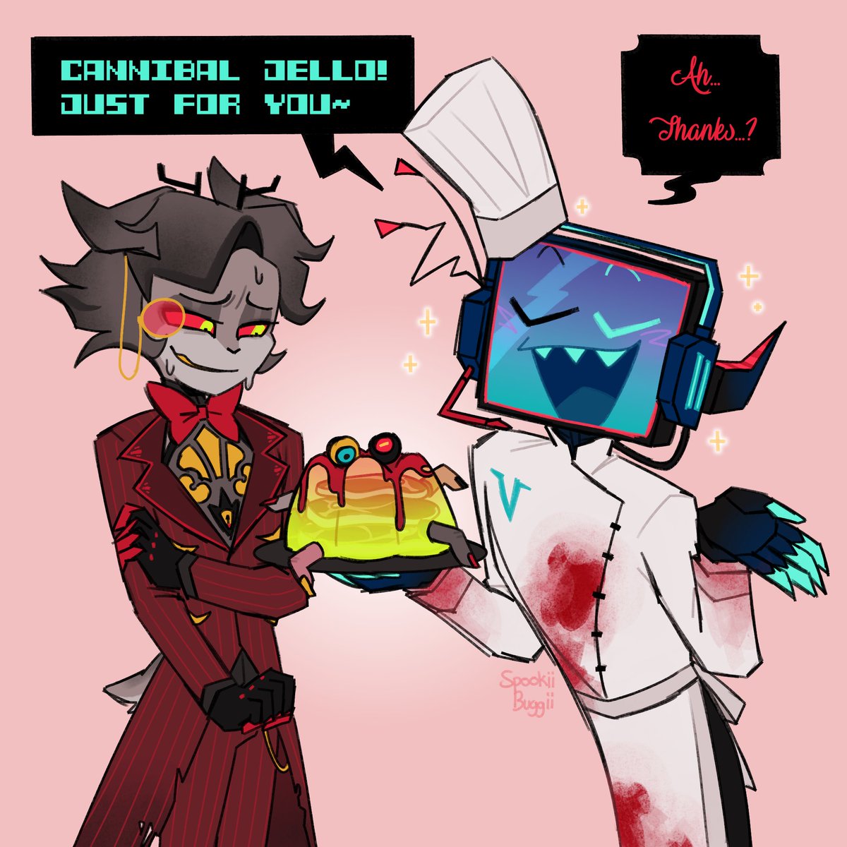 #radiostaticweek Day 2: Sharing a Meal

I like to think that Vox is obsessed with gelatin, like how they were in the 50s... so not only is he a bad cook, he has bad taste.

#hazbinhotelalastor #hazbinhotelvox
#radiostatic/#staticradio/#voxal