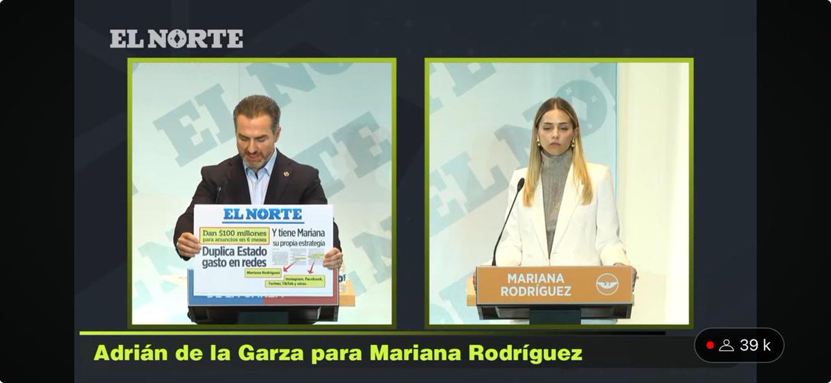 El candidato @AdrianDeLaGarza le cuestiona de manera directa a Mariana Rodríguez sobre el desvío EVIDENTE de recursos del erario para su campaña en redes sociales, en especial instagram. Mariana se sordeó, dijo que no era cierto y empezó a hablar de árboles. Siento hasta pena…