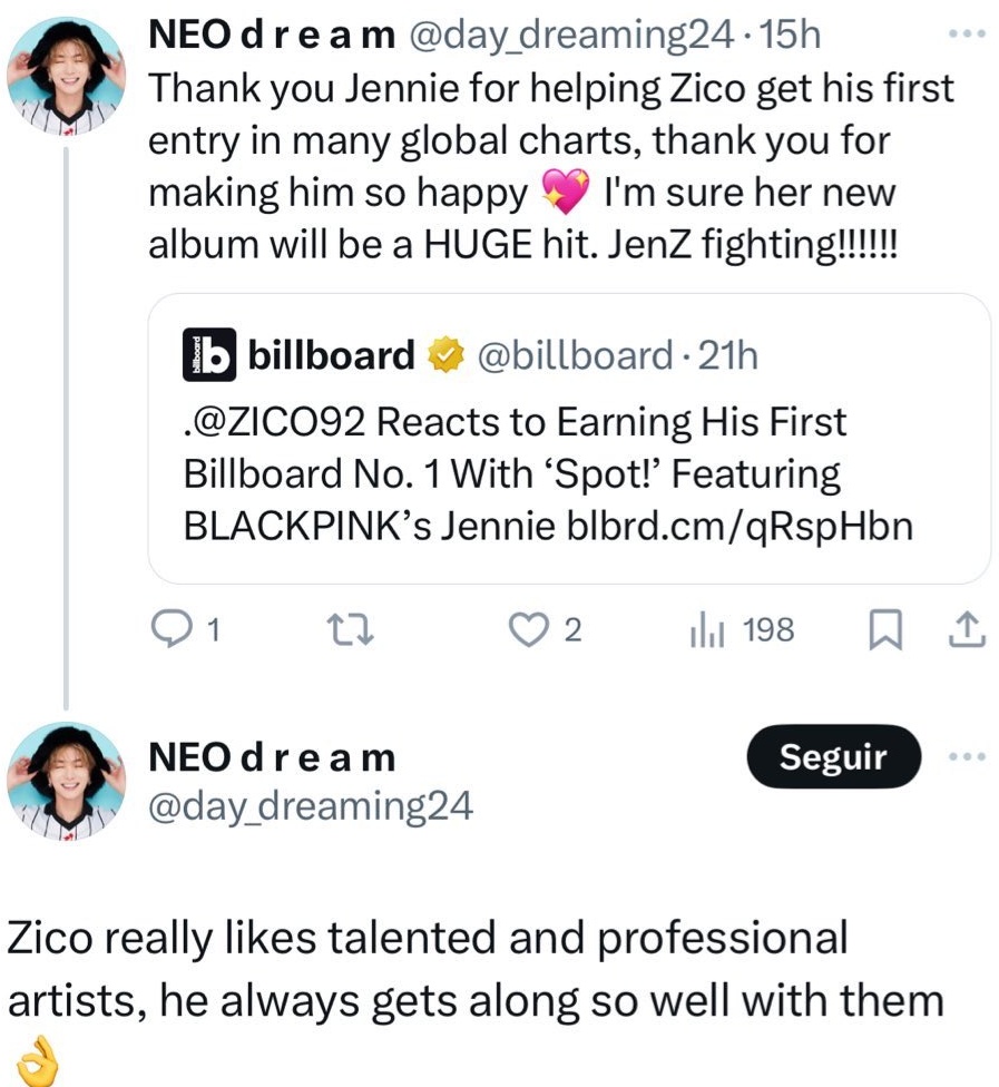Los fans de Zico agradeciendo a Jennie por hacer que Zico entrará por primera vez a varios charts internacionales, un hermoso fandom ✨️