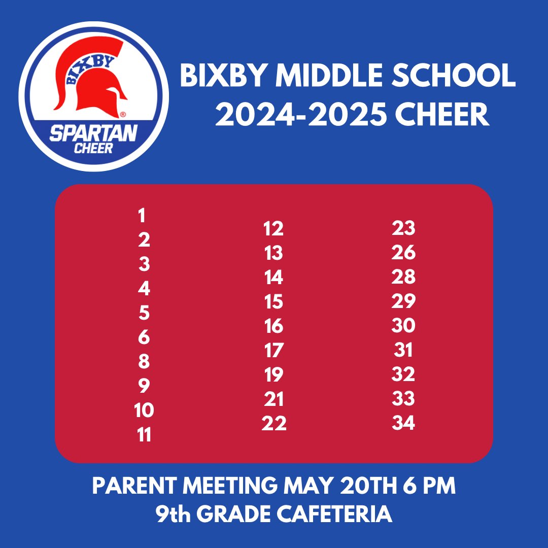Congratulations to our 2024-2025 Bixby Spartan Middle School Cheer Team! We are excited for an amazing year! ❤️💙
Don’t forget about our parent meeting May 20th at 6:00pm at the 9th Grade Center Cafeteria!

#PlayLikeChampions | #bixbyspartans | #spartanspirit | #letsgospartans