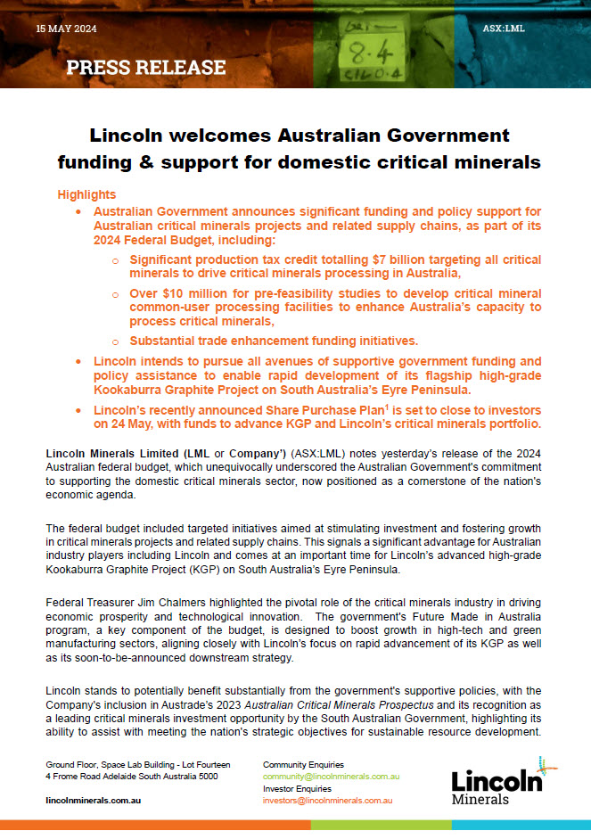 We welcome yesterday’s 2024-25 Australian federal budget, which unequivocally underscored the Australian Government's commitment to supporting the domestic critical minerals sector, now positioned as a cornerstone of the nation's economic agenda. We intend to pursue all avenues