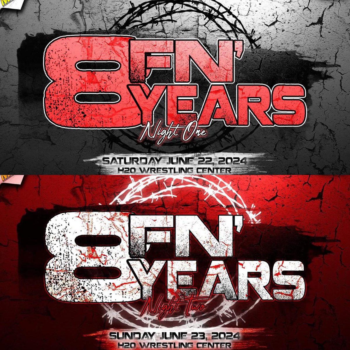 Celebrate 8 F'N YEARS of H2O Wrestling! 2 Night x Anniversary Weekend! Night One Sat, June 22nd Tix: $25 LIVE on IWTV - 8pm Night Two Sun, June 23rd Tix: $30 LIVE on IWTV - 6pm DM/Email: tremont2k11@gmail.com to reserve tix H2O Wrestling Center Williamstown,NJ