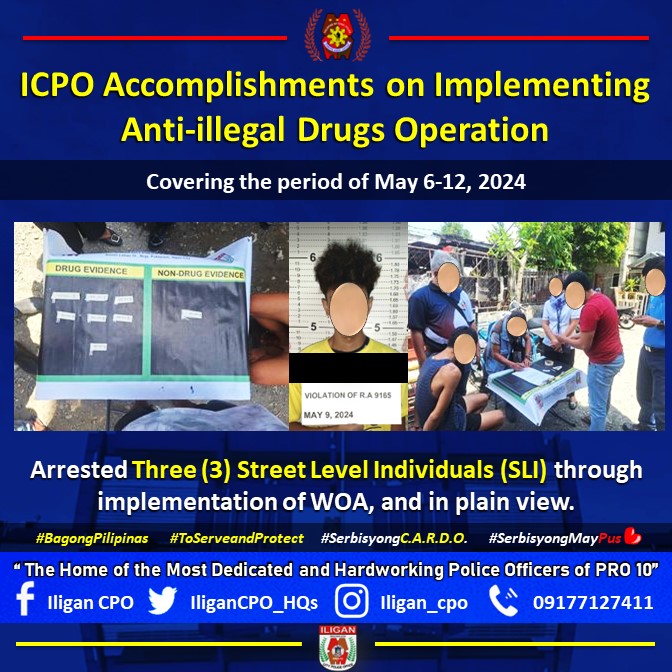 ICPO Accomplishments on Implementing Anti-illegal Drugs Operation covering May 6-12, 2024.

#ToServeandProtect
#BagongPilipinas
#SerbisyongCARDO
#SerbisyongMayPuso
#PCADGNorthernMindanao
@PCADGNorMin