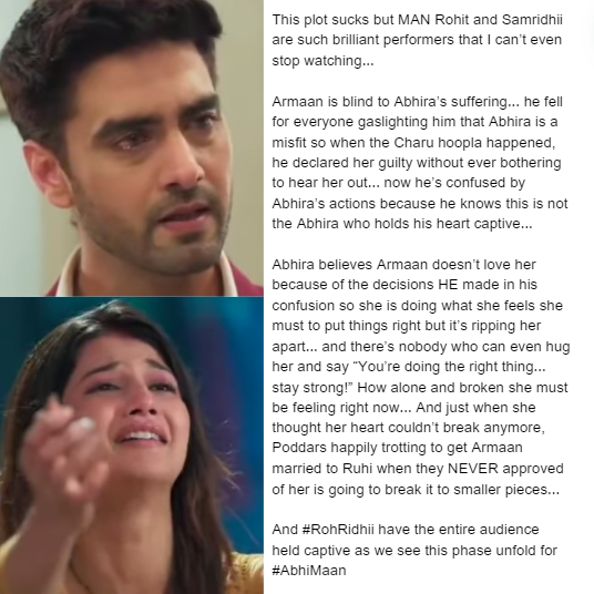 Hats off to these two though... crappy as the plot may be, watching these two perform is a privilege!

#yrkkh #AbhiraSharma #SamridhiiShukla #ArmaanPoddar #RohitPurohit #AbhiMaan