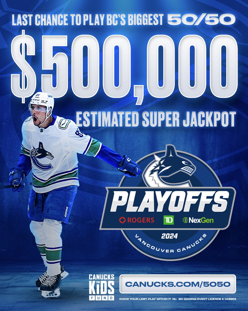 Last chance to get your @Canucksforkids 50/50 tickets for the estimated $500,000 Super Jackpot! 🎟 Must be 19+ and located in BC to play. BUY NOW | vancanucks.co/5050AwayTW