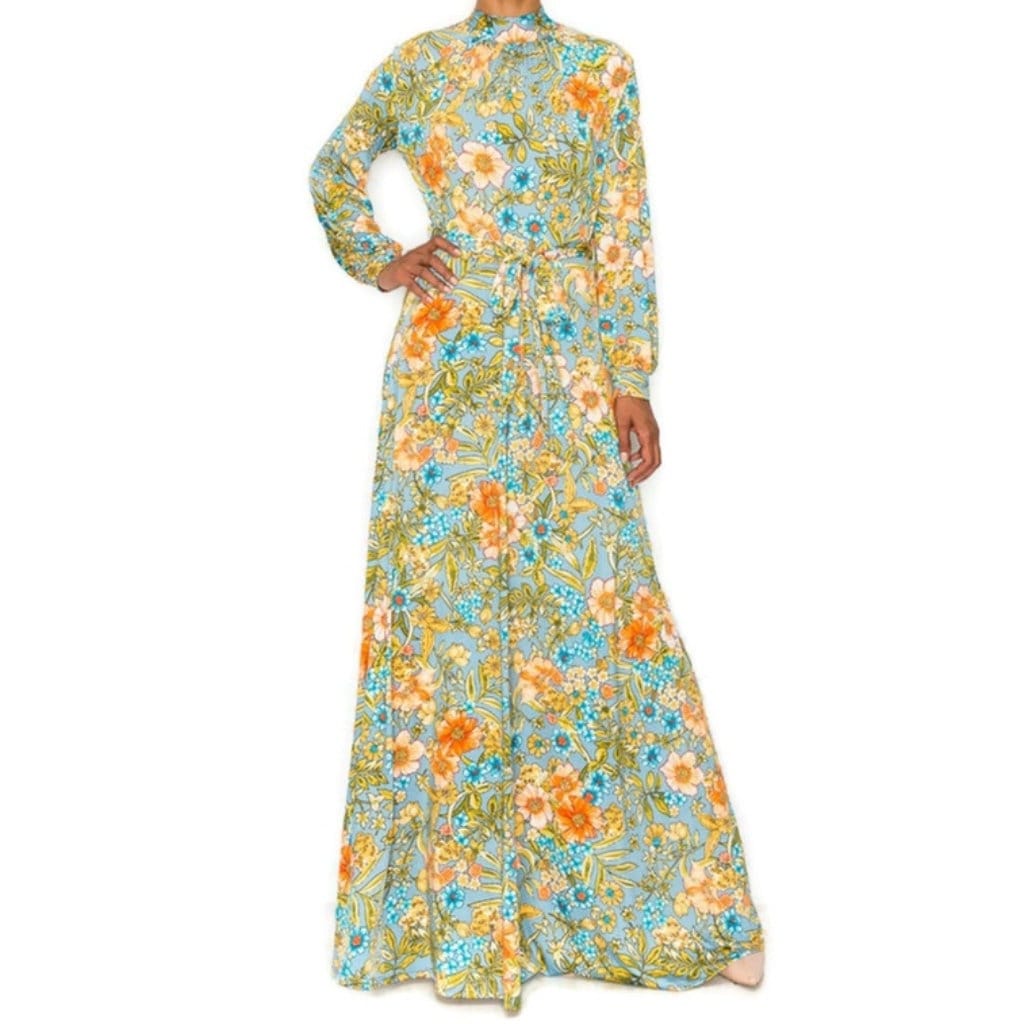 Vintage Denim Blue Peach Floral Cuff Long Sleeve Modest Maxi Dress tuppu.net/b6e2feb #jumpsuits #plussizefashion #bridesmaid #smallbusiness #wedding #womenfashion #janettefashion #maxidress #VenechiaFashion