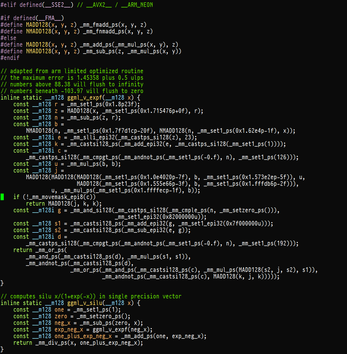 I just wrote brand new exponent functions for llamafile and llama.cpp that make SiLU and SoftMax 2x faster, at full accuracy, for ARM NEON, AVX512, AVX2, AND SSE2. github.com/ggerganov/llam…