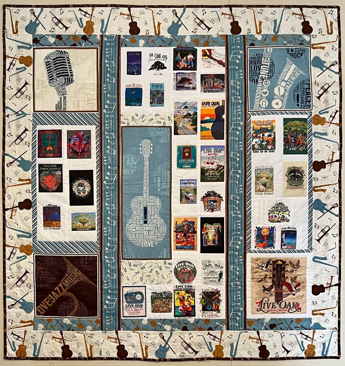 Introducing the 2024 Live Oak Quilt! 🎶🧵 
Designed by volunteer Dorothy Deis, this 55-inch square artwork features our festival’s history. Enter the raffle at the KCBX Mercantile tent for a chance to win! Winner announced June 16. liveoakfest.org
#LiveOakMusicFest #KCBX