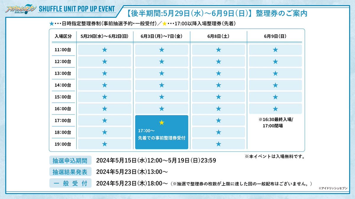 【事前抽選予約開始！】
「アイドリッシュセブン SHUFFLE UNIT POP UP EVENT」 
後半期間分(5/29～6/9)の整理券について、事前抽選予約を開始しました。

受付期間：～5/19 23:59
当落発表：5/23 13:00(予定)

お申し込みは→eplus.jp/sf/word/000016…

#アイナナ