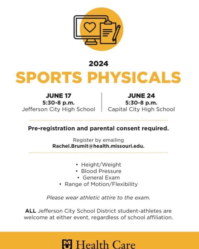 Any students needing a sports physical can attend either of these sessions this summer! 🩺