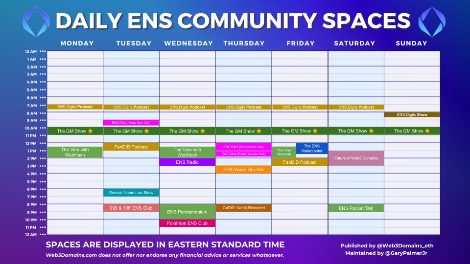 Announcing the 'Daily #ENS Community Spaces' Calendar, (Posted weekly)!

This 'ENS Spaces Calendar' was originally created & maintained by @SteveMiller_PHX 🦾🙏

Support the ENS Community! Check-out the Daily ENS Community Spaces, which chat about ENS Protocol, Web3 & Culture! 🌱