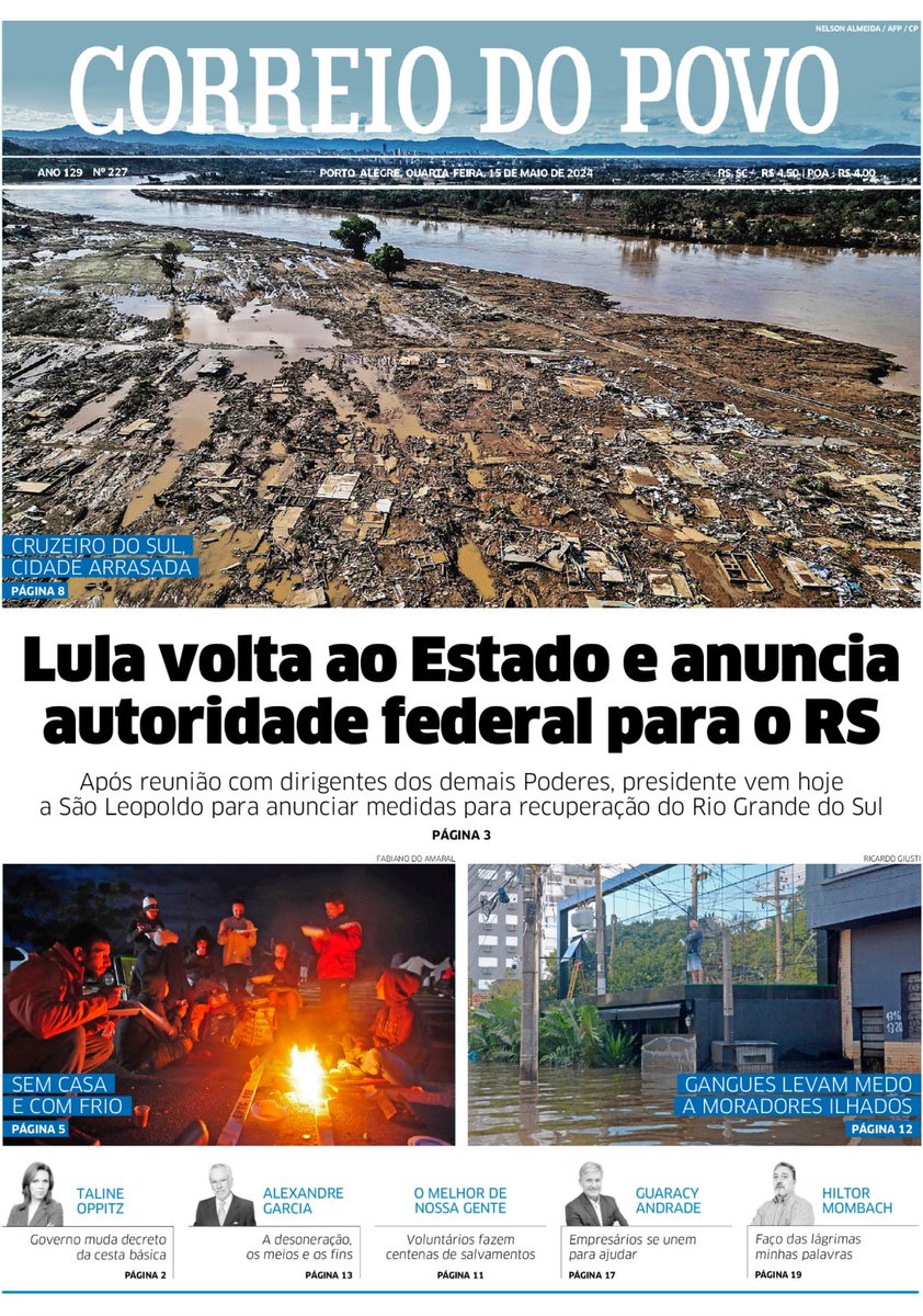 ENCHENTE | Capa do jornal Correio do Povo desta quarta-feira com foto principal da cidade de Cruzeiro do Sul, no Vale do Taquari, que foi destruída pela enchente.