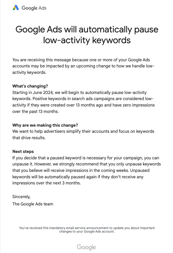 [NEWS]

Google Ads will automatically pause low-activity keywords, starting in June. If you unpause a paused keyword in Google Ads, Google will auto-pause it again if it receives no impressions over the next 3 months ⏸️

#GoogleAds #PPC #DigitalMarketing #DigitalAdvertising