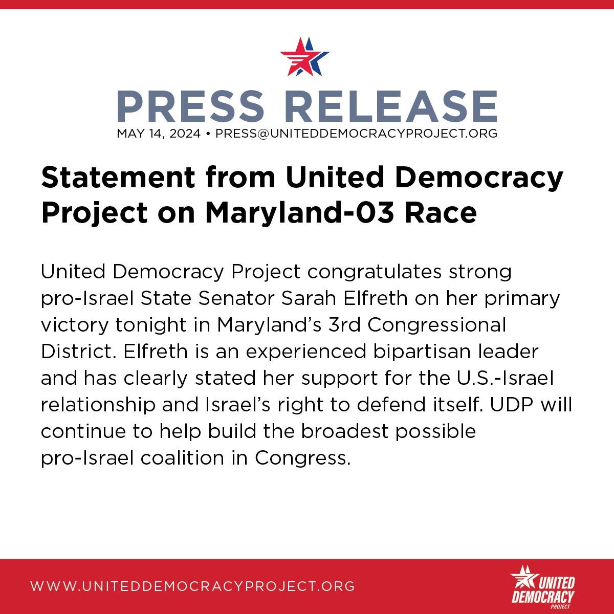 United Democracy Project congratulates strong pro-Israel State Senator Sarah Elfreth on her primary victory tonight in Maryland’s 3rd Congressional District.