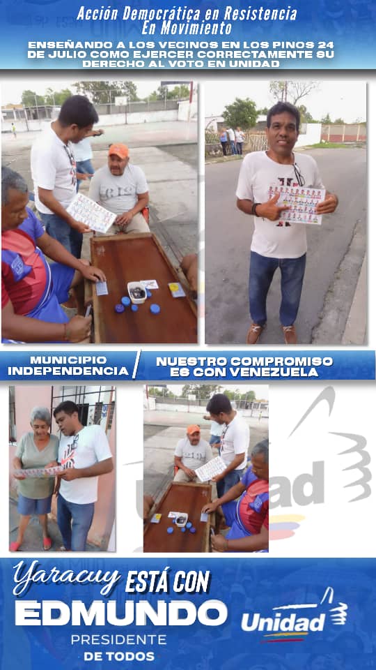 #14Mayo | #ADYaracuyEnMovimiento Desde el municipio Independencia, haciendo el trabajo pedagógico de enseñar a votar a los vecinos. Y nuestro compromiso con Venezuela, impulsando la candidatura de @EdmundoGU en la manito.
#UnidadYVoto
@ADYaracuy1
@ADOrganizacion_  
#MUDUnidad
