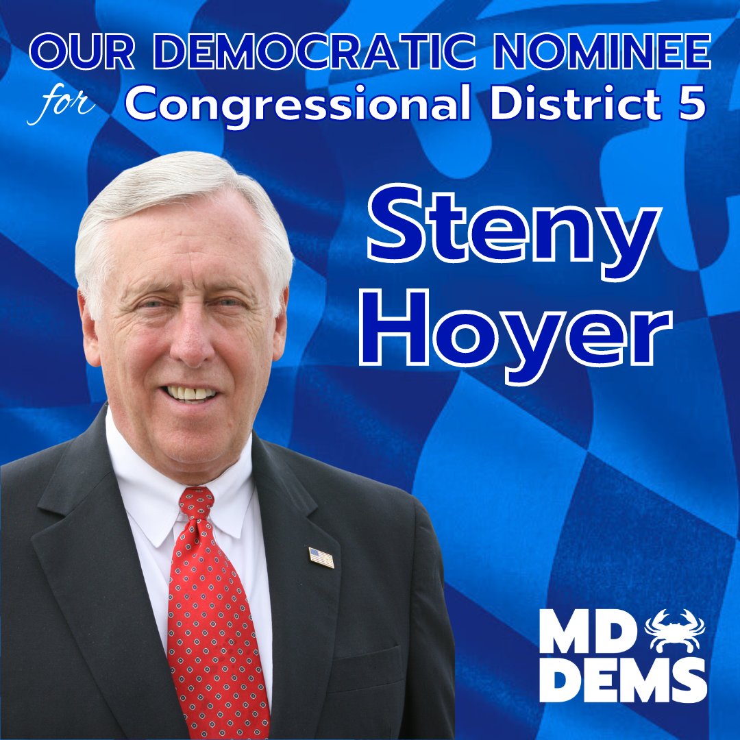 Congratulations to @StenyHoyer on securing the Democratic nomination in the 5th Congressional District. Maryland is lucky to have Congressman Hoyer returning to Congress to not only fight for District 5, but all of Maryland. Get involved at hoyerforcongress.com.