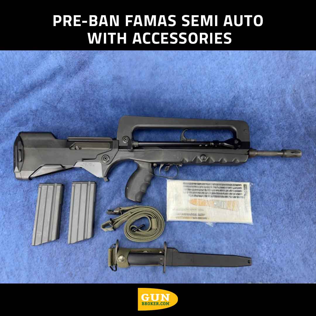 Pre-ban Famas semi auto with two magazines, sling, bayonet, and cleaning kit. 💥 See it here: bit.ly/4bfWObV #Famas #GunBroker