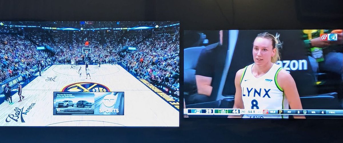 Wolves-Nuggets in the NBA Playoffs on the left, Lynx-Storm in the WNBA season-opener on the right on the TV at Casa Stoner. Quite the late night for Minnesota basketball! #WolvesBack #LosLynx