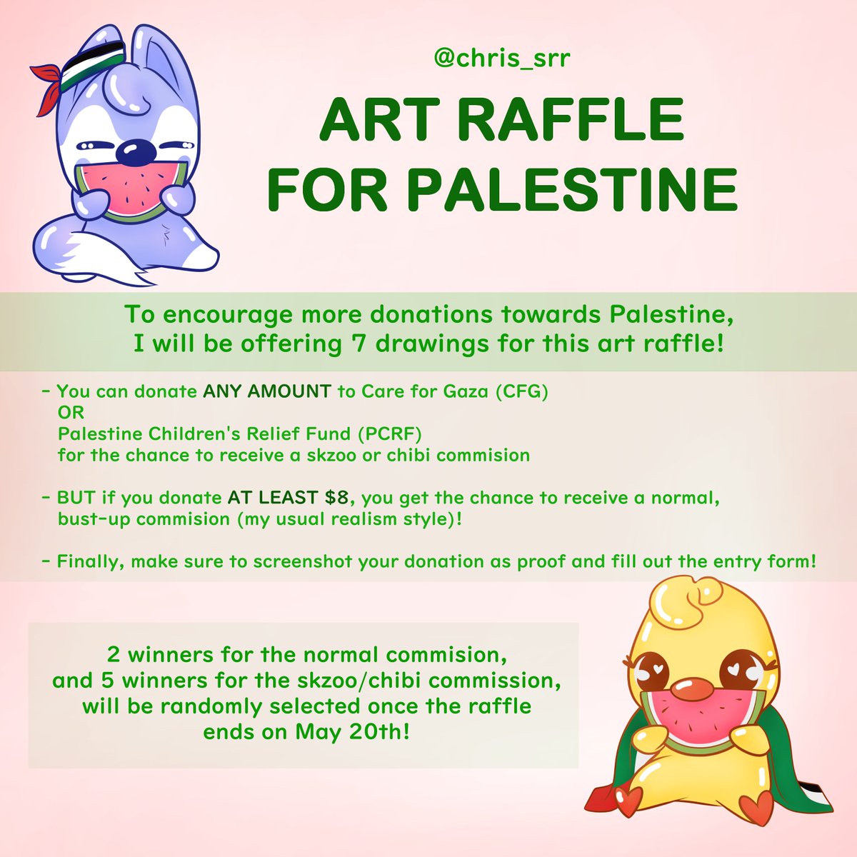 ART RAFFLE FOR 🍉 Hi! As many of you know my comms have been closed for years now, and ik several of you have been waiting for a chance again So, to encourage more donations towards Palestine, I'm offering 7 drawings in this art raffle! Please read and fill out the form below!