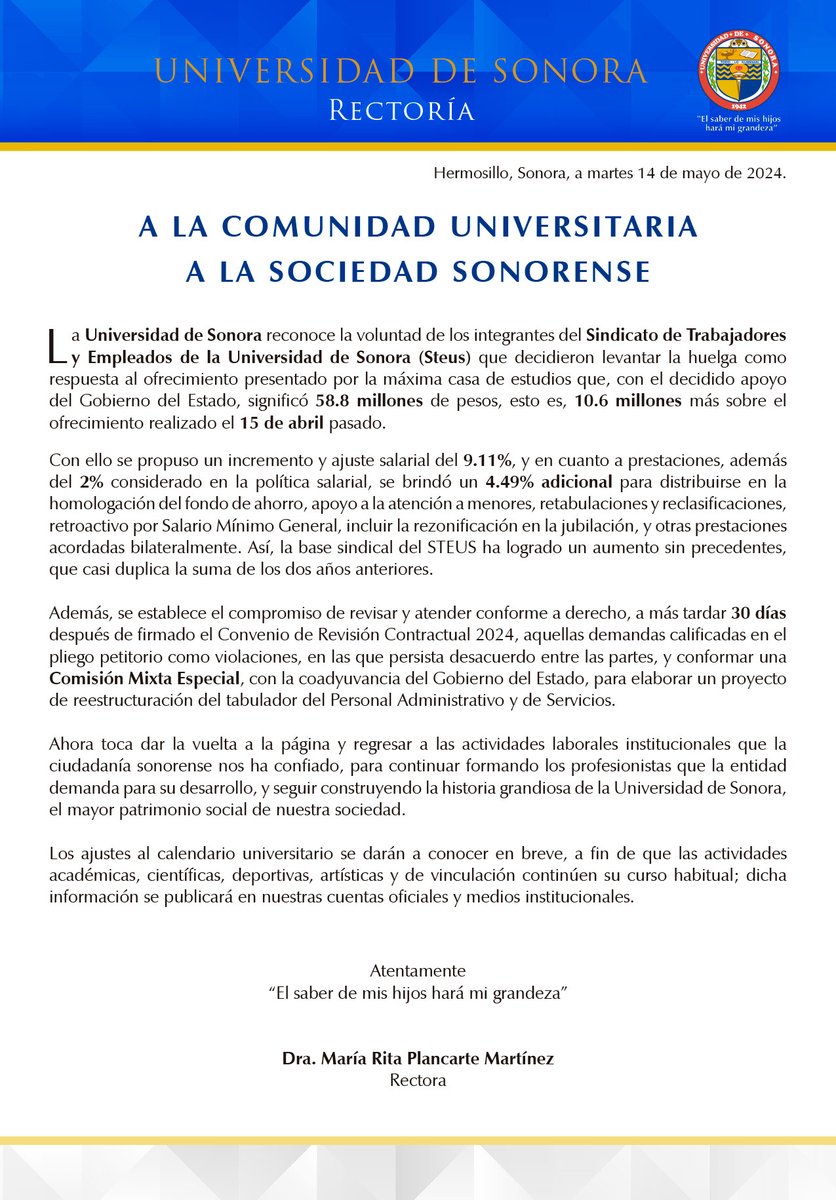 Termina huelga en Unison, se reconoce voluntad de integrantes del Steus.