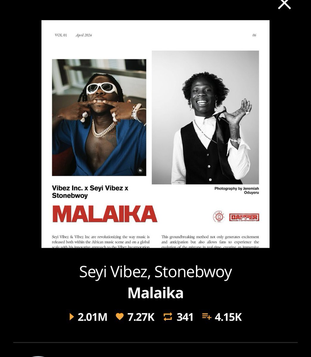 Seyi Vibez and Stonebwoy's single 'Malaika' on the Vibez Inc. mixtape has been listened to by 2 million people on Audiomack in a matter of days.