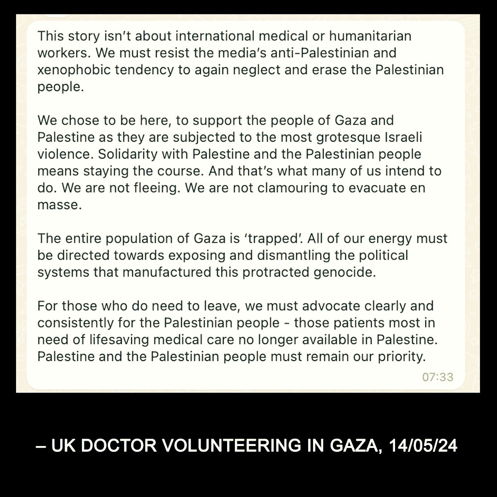 ‘We chose to be here, to support the people of Gaza and Palestine as they are subjected to the most grotesque Israeli violence.’ A volunteer doctor responds to the spate of media stories focusing on the challenges facing the ‘trapped’ international volunteers. #AltTextPalestine
