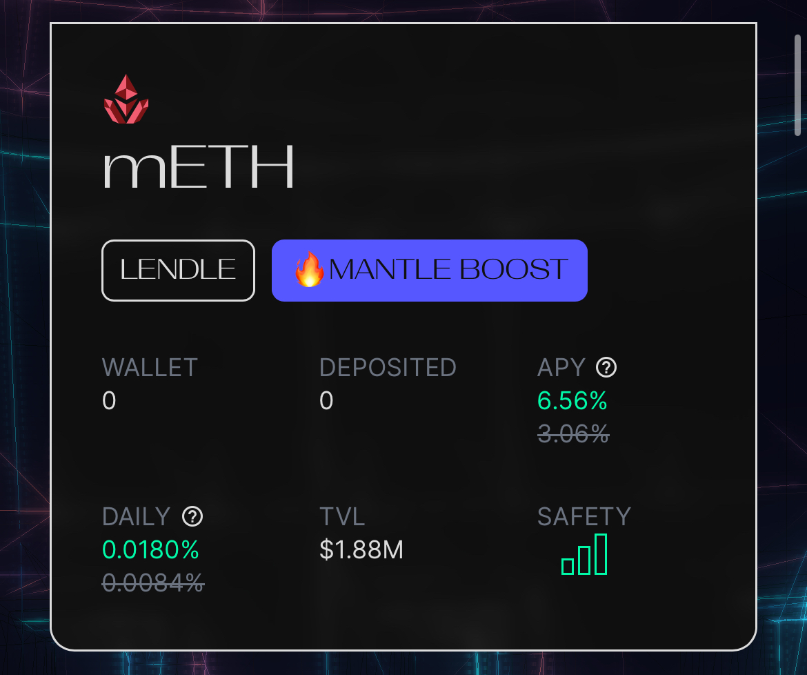 🚨Reminder🚨 It only takes *one click* to earn the highest yield on your $mETH The @0xMantle boost is on and more than DOUBLES your APY Simply head to the link below and click Deposit circuit.farm/#/vault/lendle…