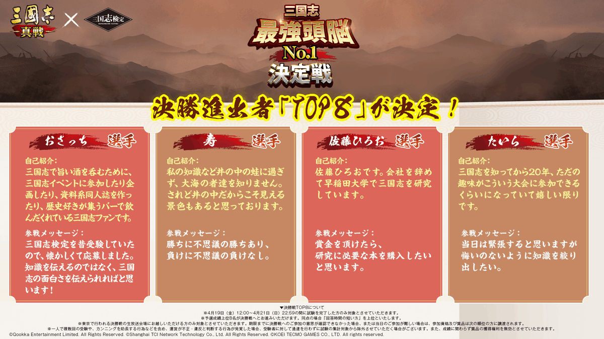 ShinSen_SGS's tweet photo. #三國志真戦× #三国志検定 SP版

決勝進出者TOP8が決定！

三国志最強頭脳NO.1は誰だ？！
5月18日20:00から決勝戦をお見逃しなく！
視聴者にも豪華賞品を用意！

フォローRT 抽選で10名様に1000円分アマギフ
 #柴田将平 #渡邉義浩 #キック一郎 #林輝幸

▼視聴： https://t.co/pyzCK9MgNA https://t.co/SkGXVnt3NP