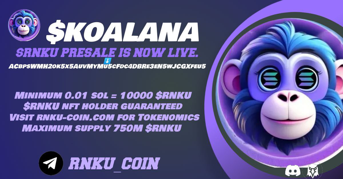 Claim your 10,000 $RNKU #airdrop 🪂 Drop your $SOL address +RT for multiplier 🪂 Conditions: ✅Follow @RNKU_COIN , Like 💜, Republish the post 🔄 $RNKU PRESALE LIVE NOW 🐵 Send sol to : ACbpsWMH2ok5x5AuvMyMu5cFdc4DBRe3eN5wJCGXfeu5 60% presale 30% drawers 10% airdrop