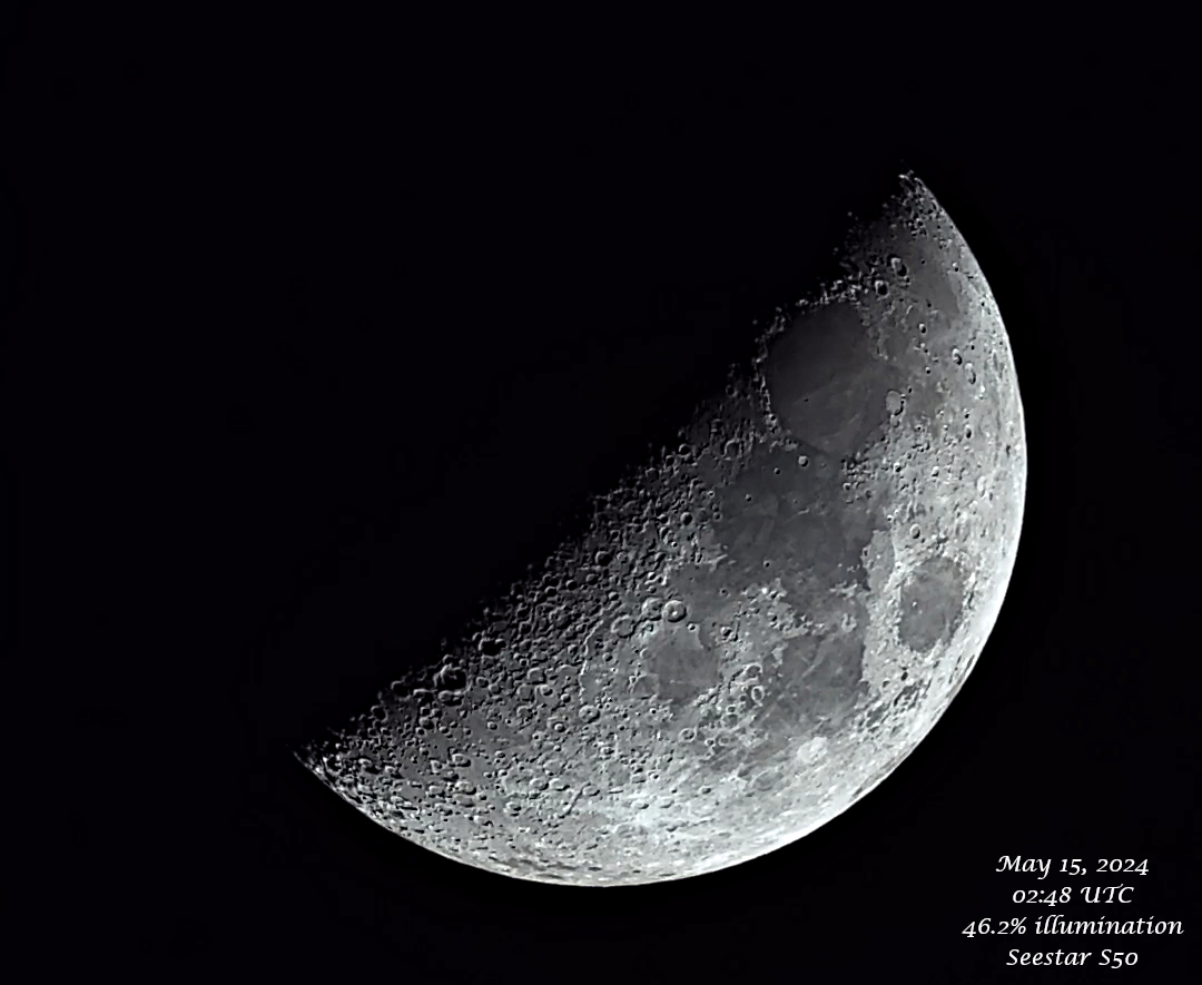Tonight's 46.2% moon taken with @Seestar_astro #Astrophotography #MoonHour #ZWO