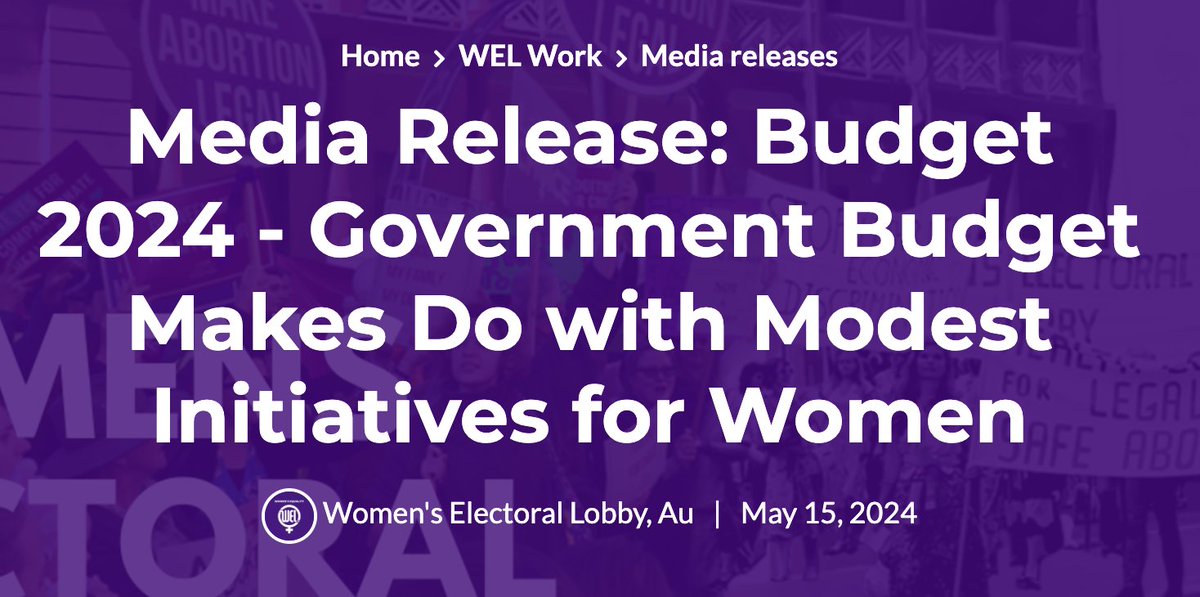 MEDIA RELEASE - 'WEL welcomes the many modest initiatives outlined in the Federal Government’s comprehensive Women’s Budget Statement. “But many other Budget initiatives fall far short in funding adequacy or remain unfunded”.' #budget2024 #auspol wel.org.au/media_statemen…