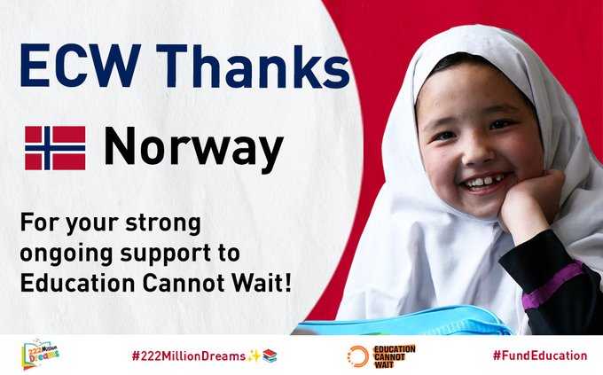 Thank-you #Norway🇳🇴 for your strong ongoing support to 
@EduCannotWait!✨🙏

Your generous contributions allow #ECW & strategic partners to reach even more crisis-affected girls & boys across the 🌎 with #QualityEducation!

@UN @NorwayUN @Noradno @NorwayMFA #222MillionDreams✨📚