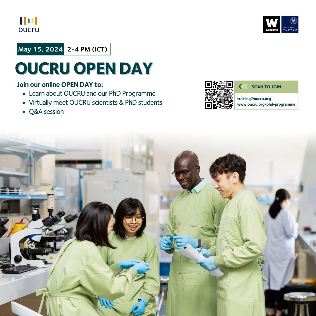LAST CALL 📢 Join Open Day today to learn about our PhD programme, see our work 'behind the scenes,' meet with scientists & PhD students, and ask us any questions you have about OUCRU! 📅 May 15, 2024 ⏰ 2-4 PM (ICT) 🌍 English 📝 Register: forms.gle/KySBWL7Q6fShCD…