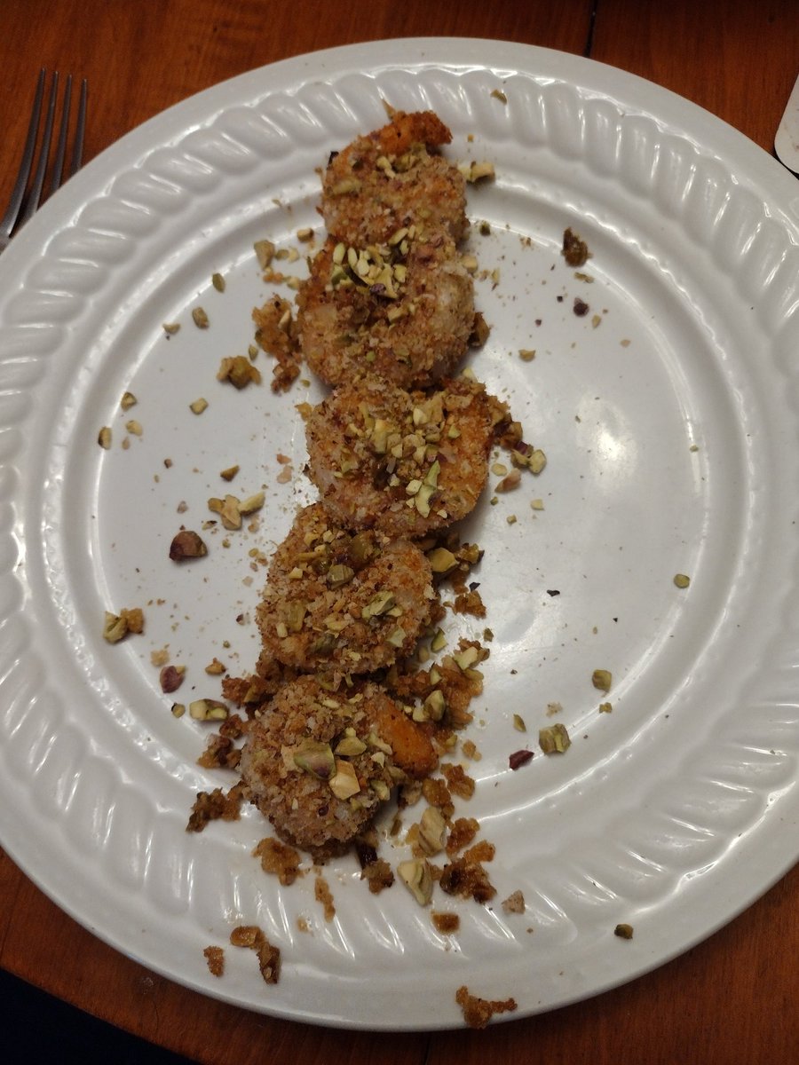 Shrimp with pistachio crust. Not pictured: tomato mushroom cucumber salad also garnished with pistachio. Highly recommend 

#mfermeals
#twittersupperclub
@bhdonkey1 
@four4thefire