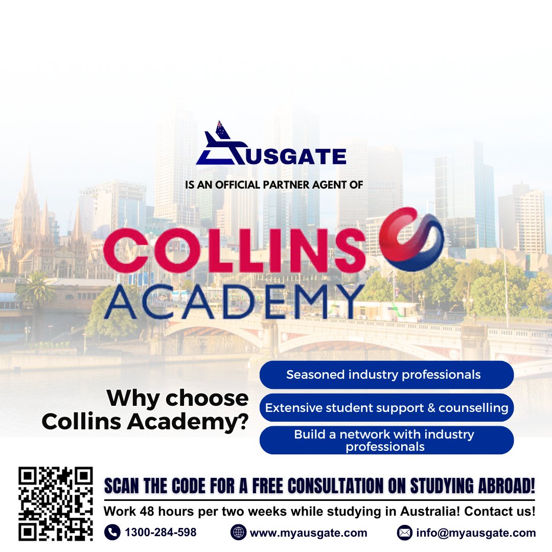 Collins Academy is your learning hub to be! Hit this link to book FREE CONSULTATION on studying here: calendly.com/info-ausgate

#StudyInAustralia #AustralianEducation #StudyAbroadExpert #AustralianVisa #StudentVISA #InternationalStudents #StudyAbroadConsultants