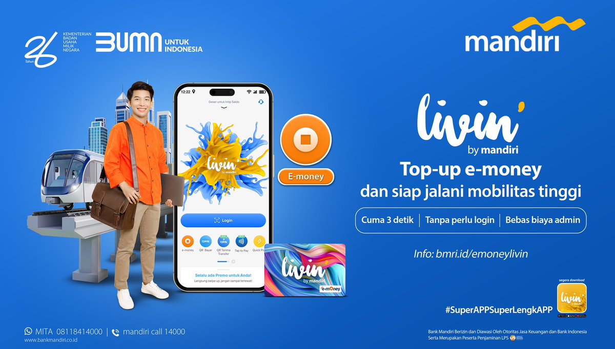 Siap jalani mobilitas tinggi bisa dengan e-money 🚉

Dengan aplikasi Livin’ by Mandiri, top-up saldo e-money cuma 3 detik tanpa perlu login, dan gak perlu worry biaya admin 👌🏻

Mobilitas dengan transportasi umum jadi praktis dan mudah!

Yuk, cek info lengkapnya di