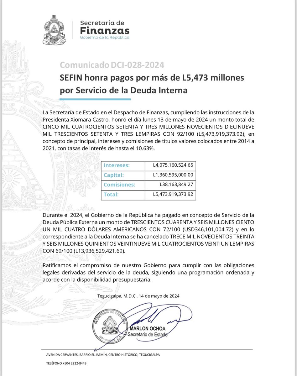 Cumpliendo las instrucciones de la Presidenta @XiomaraCastro, la @SEFINHN honró este lunes 13 de mayo, pagos por más de 5,473 millones de lempiras por Servicio de la Deuda Interna.
