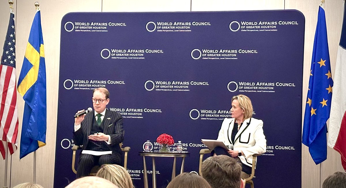 Wonderful attending a <a href="/WACHouston/">World Affairs Council of Greater Houston</a> event this evening featuring the Minister for Foreign Affairs of Sweden, <a href="/TobiasBillstrom/">Tobias Billström</a> and learning about Sweden’s contribution to NATO, specifically related to space defense. Great that the minister took time afterwards to engage each of us.