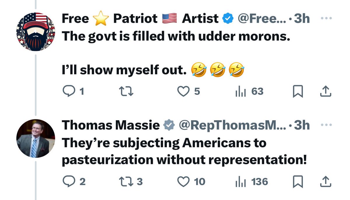 Thomas Massie gets me. 🤣 This was in reply to his Interstate Milk Freedom Act, HR 8374 bill.