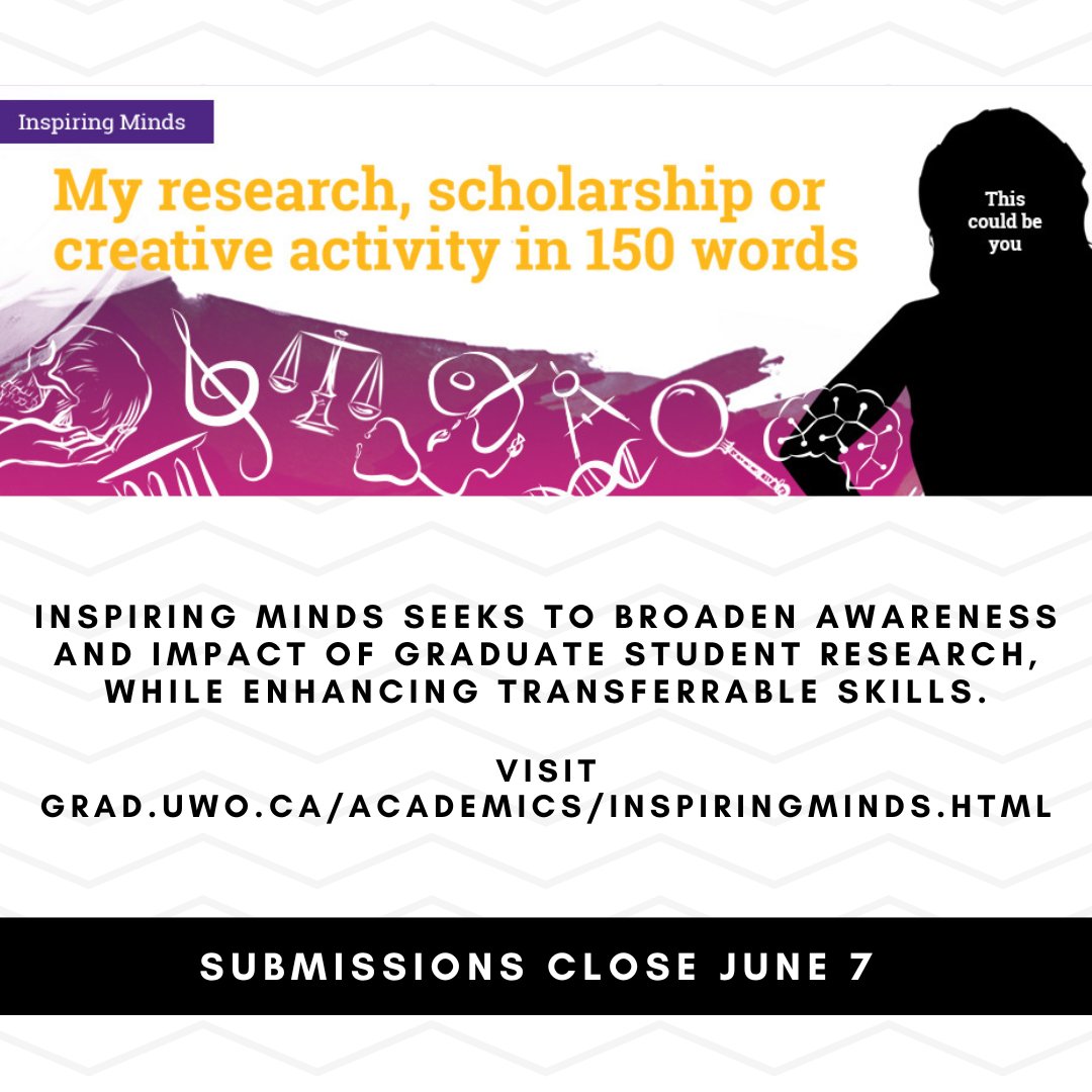 Can you describe your research in 150 words? Inspiring Minds seeks to broaden awareness and impact of graduate student research, while enhancing transferrable skills. Visit grad.uwo.ca/academics/insp… for more information.