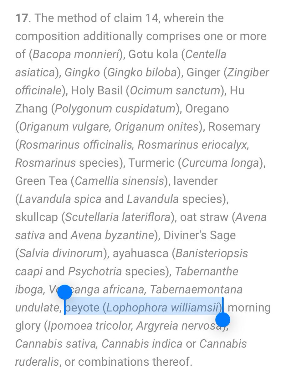 Not sure if anyone noticed, but @PaulStamets’ patent application for microdosing supplements sought to protect his supposed ‘intellectual property’ of microdosing Peyote. 

Peyote is an endangered plant and a sacrament of the Native American Church and other faith systems.