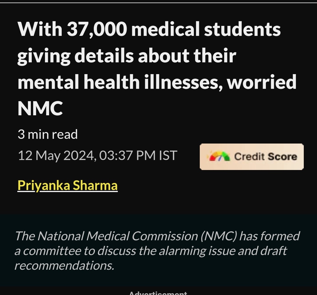 Recently A private survey by @NMC_IND was indicating  that
More than 37000 medical students are suffering from mental illnesses&  depression. .
This was alarming ..
@PMOIndia 
लेकिन क्या कोई कदम उठाया गया ?
@NMC_IND ⤵️
