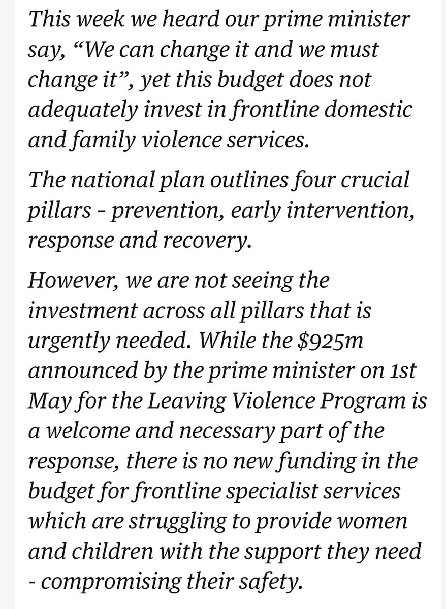 Deputy chief executive, Elise Phillips, from Domestic Violence NSW has criticised the budget 'No new funding in the budget for frontline specialist services which are struggling to provide women and children with the support they need - compromising their safety.' #auspol
