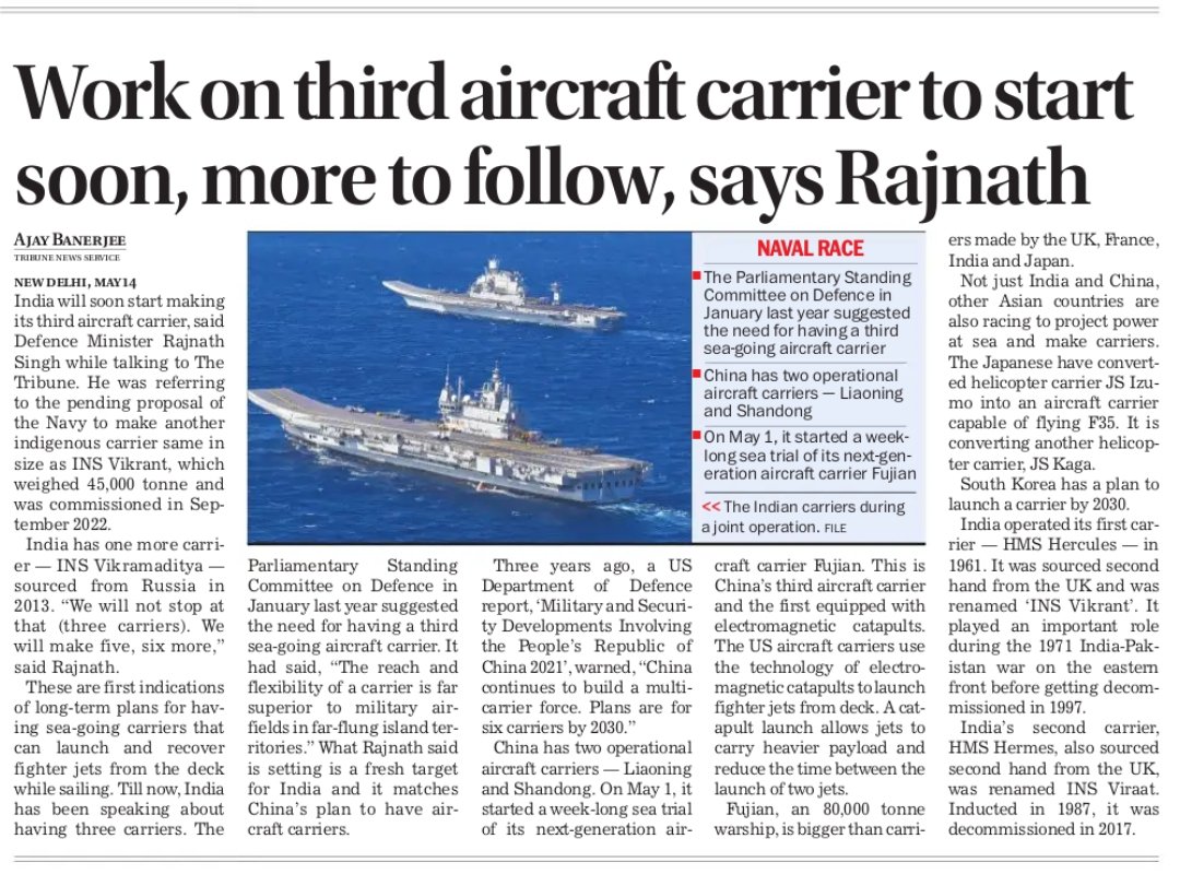 India will soon start making its third aircraft carrier. Defence Minister Rajnath Singh “We will not stop at that (three carriers). We will make five, six more' he added
