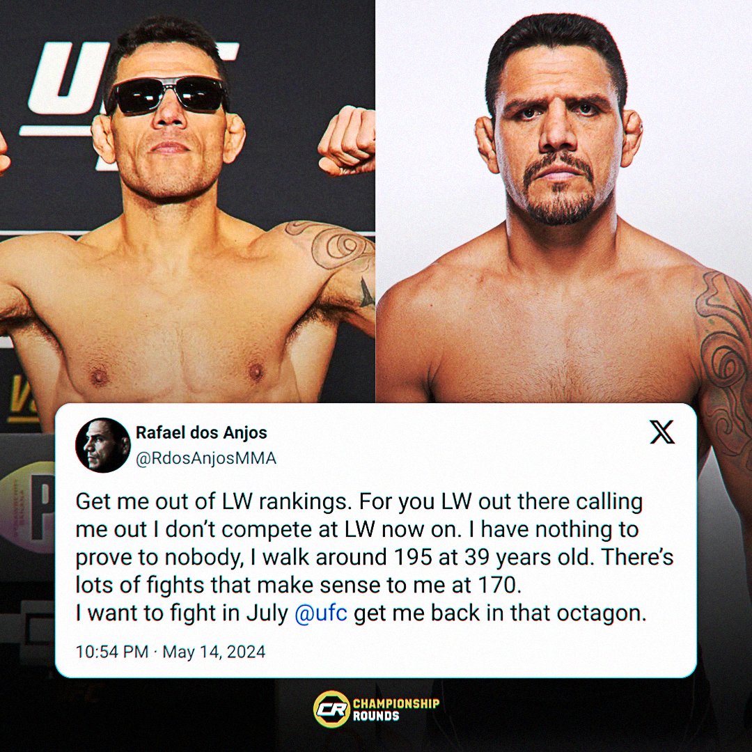 Rafael dos Anjos officially announces that he will no longer compete at 155 lbs, and is moving back up to 170 lbs

He also says that he wants to fight in July

(via. @RdosAnjosMMA) #UFC #MMA