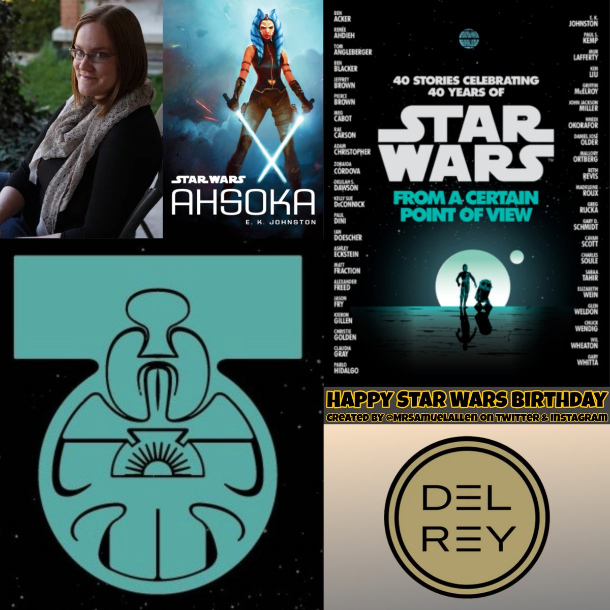 Happy Birthday to @ek_johnston, she's the author of novels #Ahsoka, #QueensShadow, #QueensPeril, #QueensHope. She also co-wrote the story #ByWhateverSun with @HerUniverse which appeared #FromACertainPointOfView, #CrimsonClimb May she have a good one.