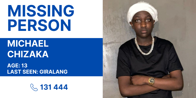 #MISSINGPERSON Michael Chizaka 
Described as African in appearance, with a slim build and black hair. Believed to be on foot and is known to frequent Dickson, Kippax shops, Belconnen mall, Bonner and the City. Call 131 444 with any info. More: bit.ly/3QHcRre
