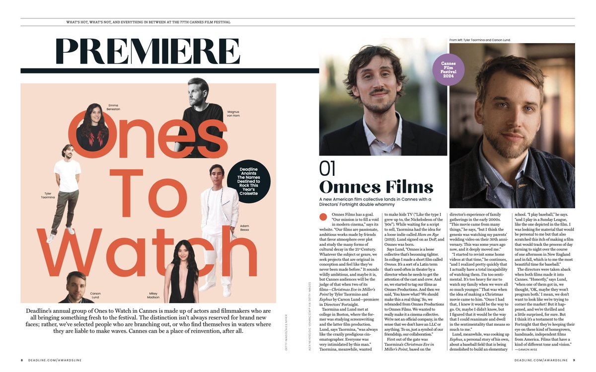Omnes Films' directors Tyler Taormina and Carson Lund are named 'Ones To Watch' in the @DEADLINE Disruptors + #Cannes2024 special issue 

bit.ly/DeadlineDisrup…